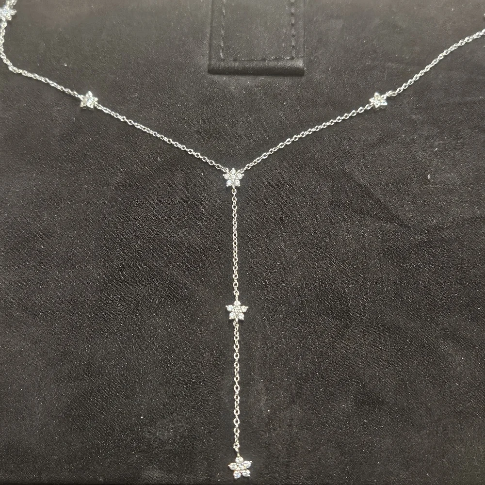 925 Sterling Silver CZ Flower Lariat Chain Dainty Necklace - Picture 1 of 5